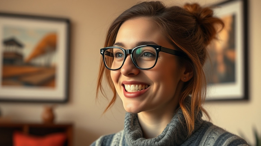 Young woman smiling indoors while explaining research.