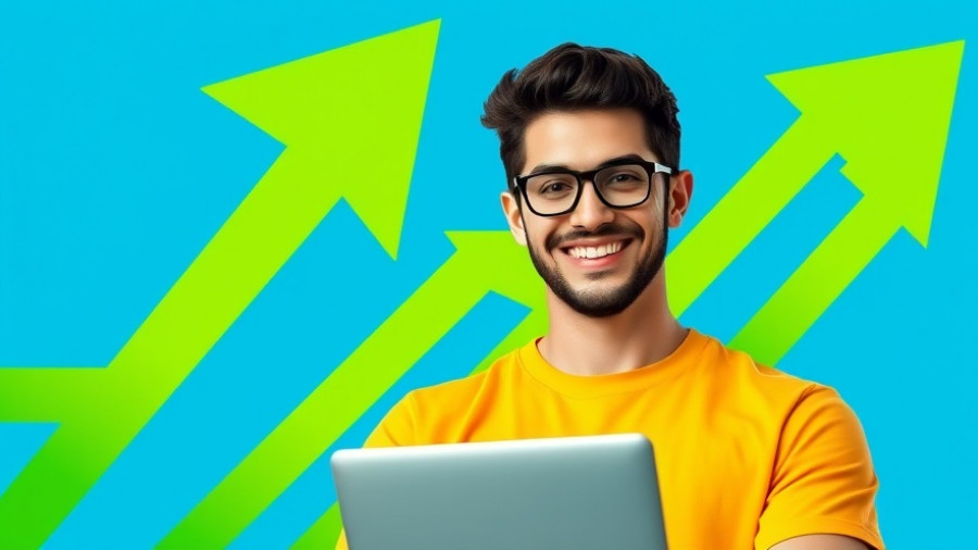 Confident young man with laptop and upward arrows for Gen-Z skills training.