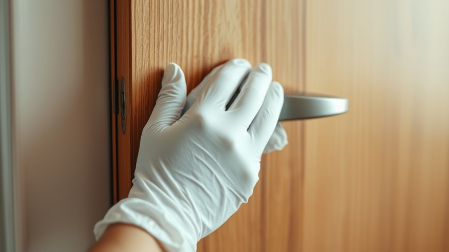 Gloved hand using tissue on door handle, hygiene during cold & flu season.