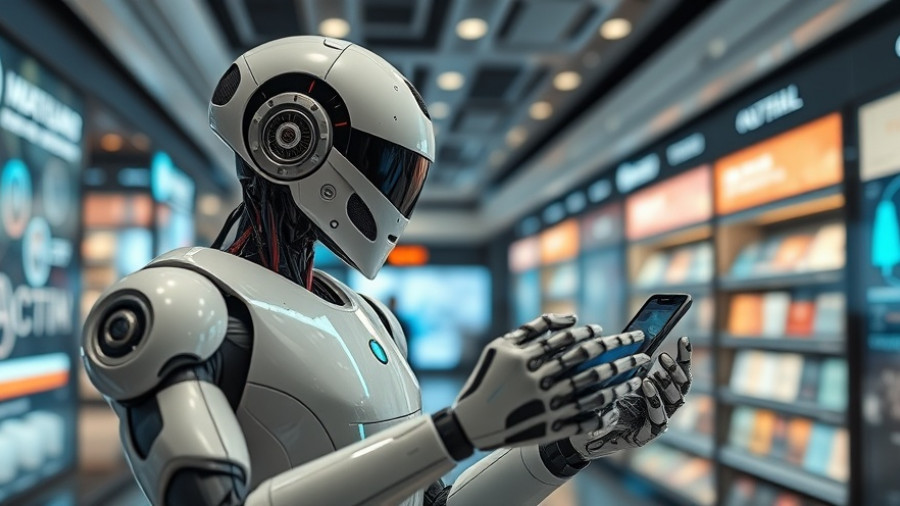 AI in retail: futuristic robot displays products in digital store.