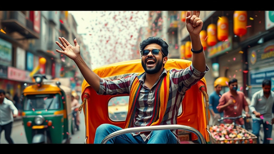 Celebration in India with confetti and colorful rickshaw, Stephane Maarek in India.