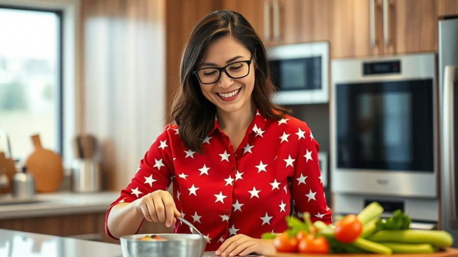 Smiling woman in kitchen, casual home setting, warm lighting.