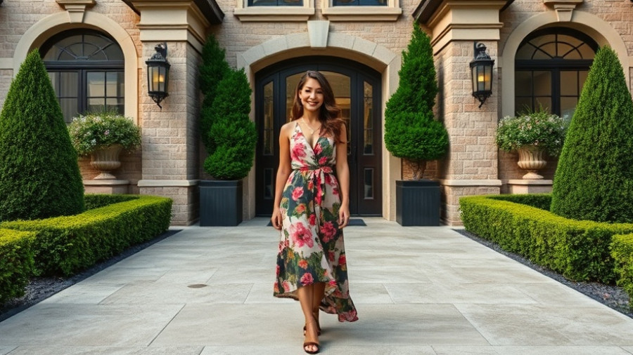 Stylish woman at luxury villa entrance near Disney World.
