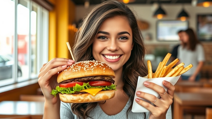 Smiling woman with burger and fries, casual restaurant setting.