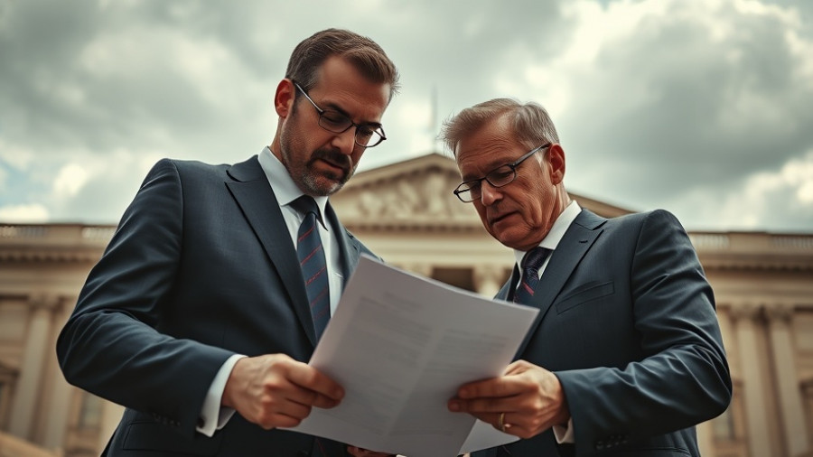 Serious men discussing legal case in front of courthouse