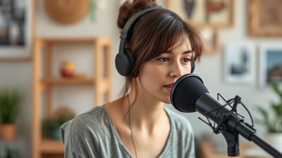 Young woman podcasting about personal branding strategies in a home studio.