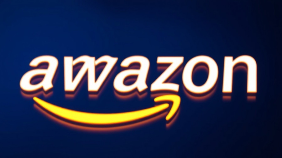 AWS logo glowing against blue background.