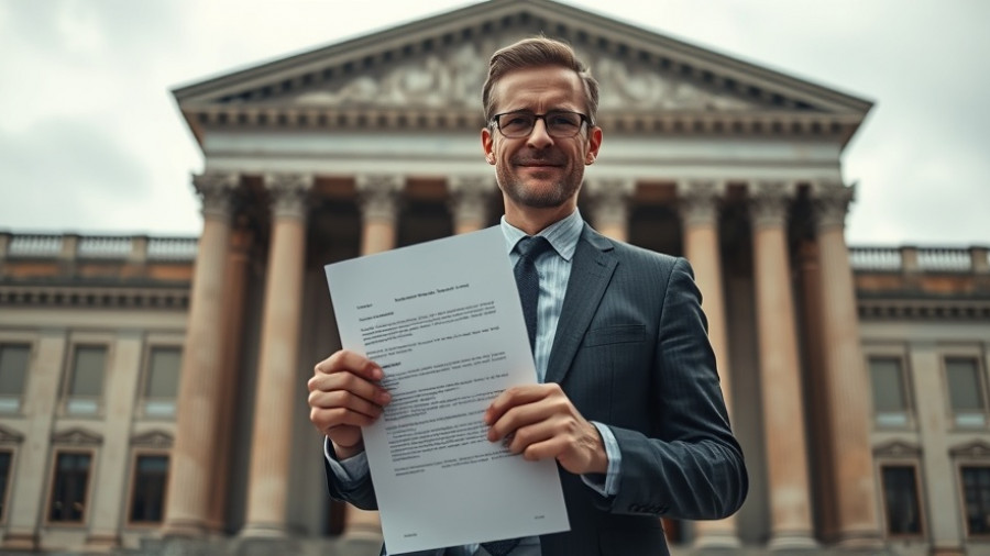 Middle-aged man with a legal document in front of a courthouse, discussing ammunition background checks.