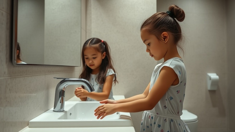 Two young girls keenly washing hands at a restroom sink.