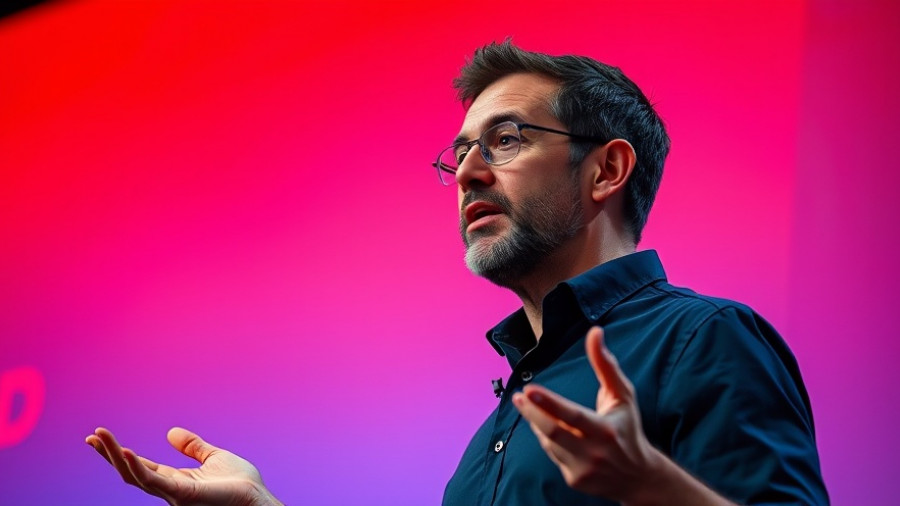 Confident speaker at TED talk on forest conservation financing.