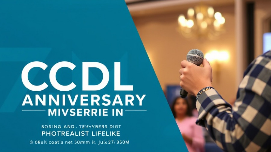 CCDL 17th Anniversary Dinner flyer with bold text and microphone.