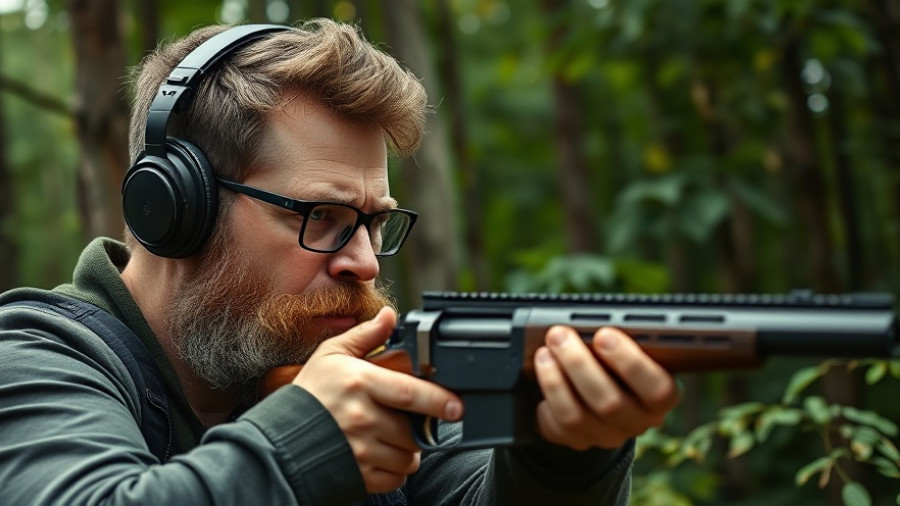 Man aiming rifle in forest, Patrick Tate Adamiak Appeal.