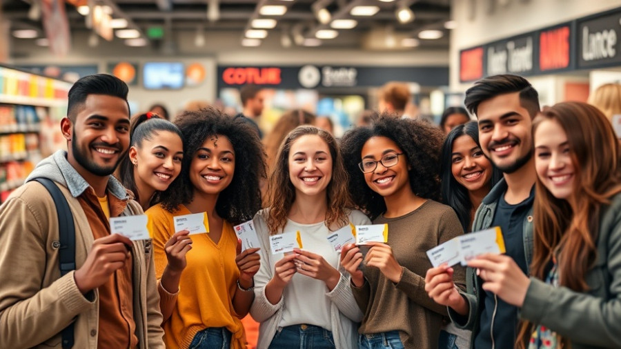 Group expressing customer loyalty in a vibrant store setting.