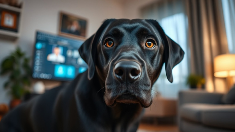 Black Labrador exploring digital world in a modern home setting