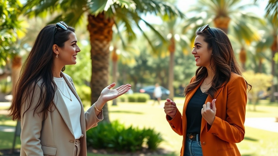 Two women converse energetically in a sunny park about feeling rich.