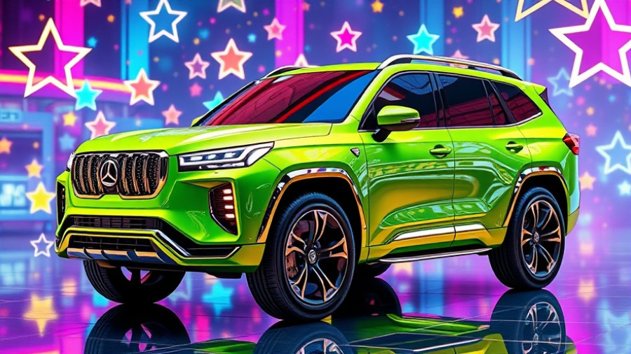 Futuristic neon green SUV in digital landscape with colorful stars