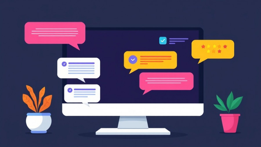 Illustration of chat bubbles on a computer screen for smart reviews in client email workspaces.