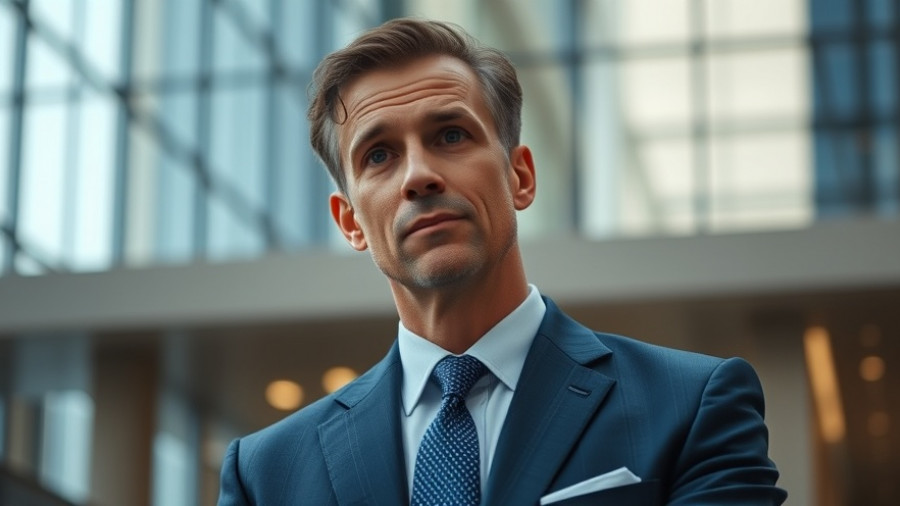 Man discussing legal implications in front of modern building.