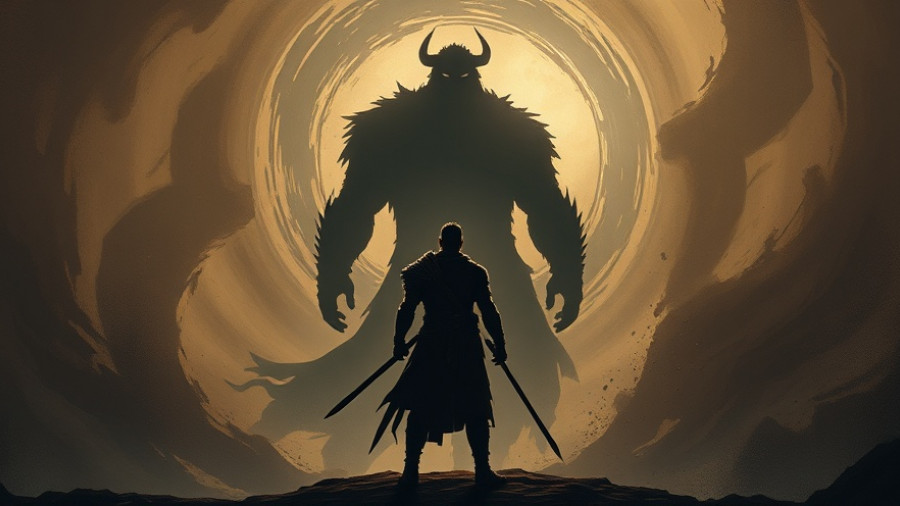 Epic warrior silhouette facing colossal shadowy figure, true strength discipline.