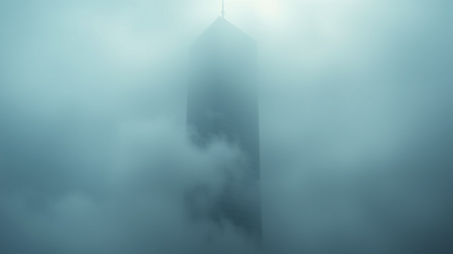 Skyscraper obscured by fog symbolizing uncertainty in marketing plans.