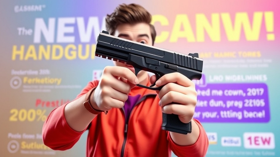 New firearms releases 2023 poster with handgun and presenter.