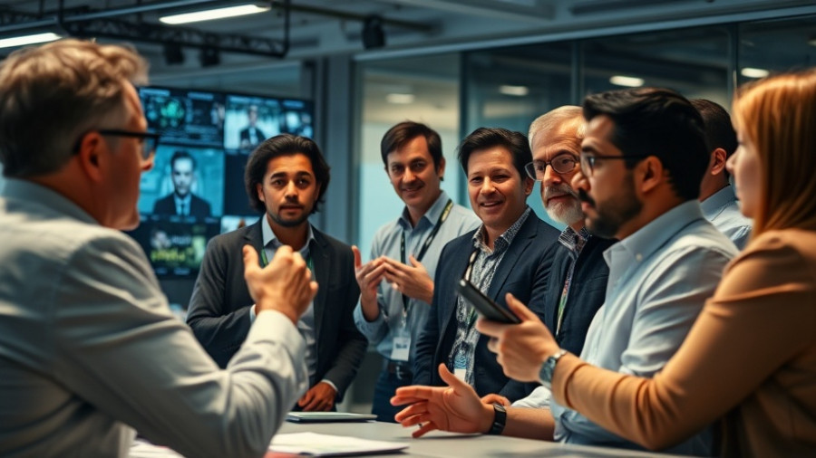 Journalists discussing AI in PR with digital screens.