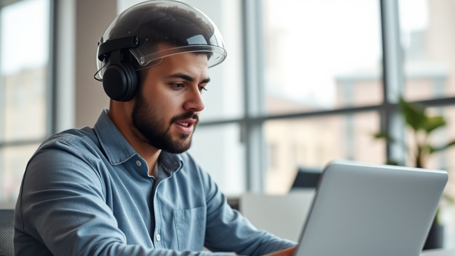 Young man wearing brain cap in office, AI brains are lagging concept.