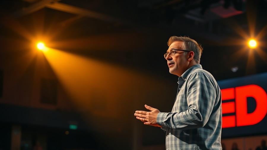 Confident speaker delivering TED Talk on India's Solar Revolution, vibrant lighting.