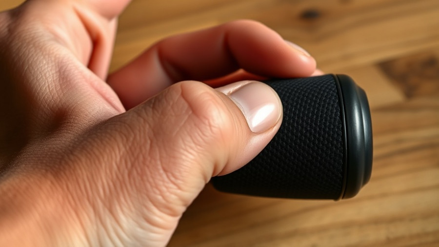 Close-up of hand on textured black grip, illustrating ergonomics.