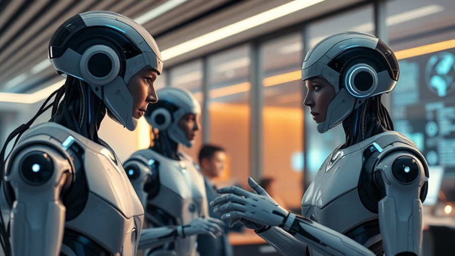 Futuristic AI collaboration in modern office, representing organizational paradigm shift AI.