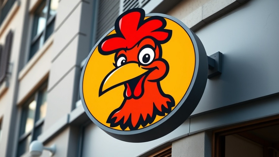 Bold chicken logo on fast food app ranking sign.