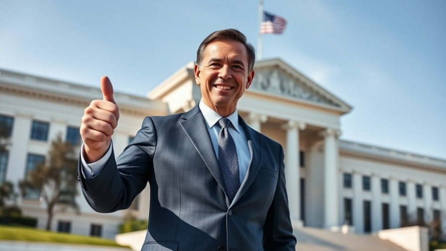 Confident man in suit giving thumbs up, modern building background, Gun Rights in South Carolina