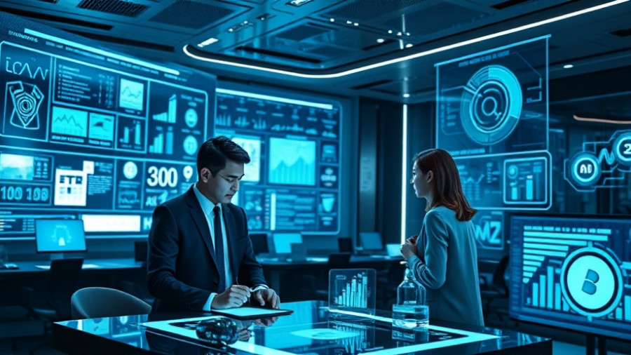 Futuristic workspace with AI marketing strategies for 2025.