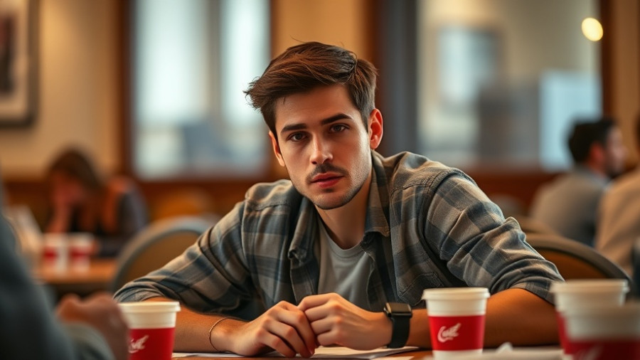 Young man engaged in creative discussion at a table.