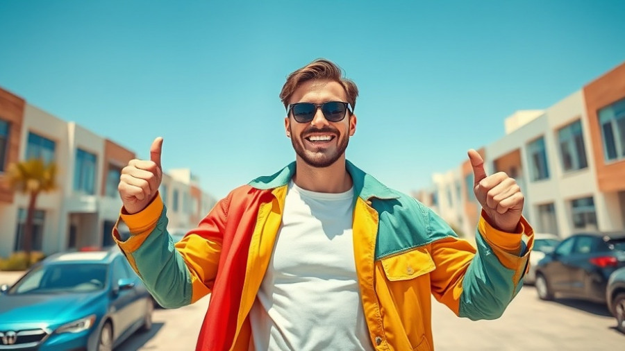Success in used clothing reselling shown by man with clothes and sign.