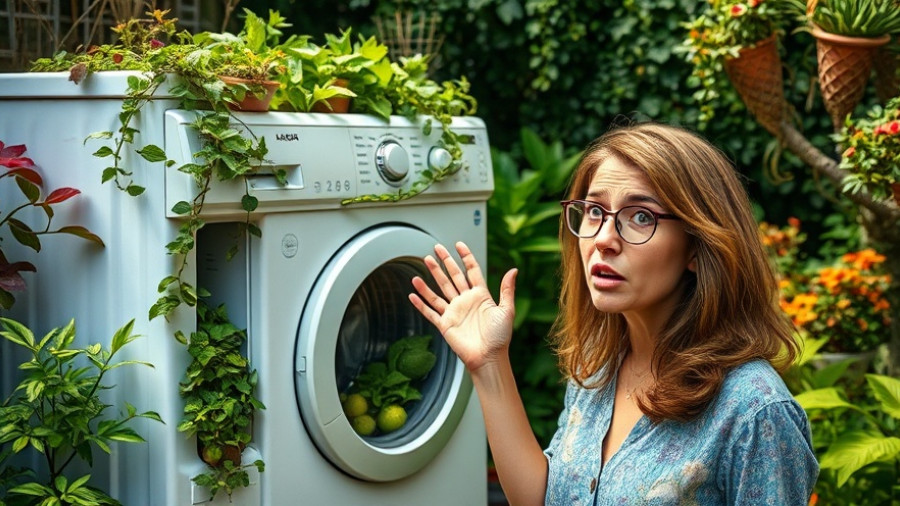 Appliance lifespans visual with woman and washing machine in garden.