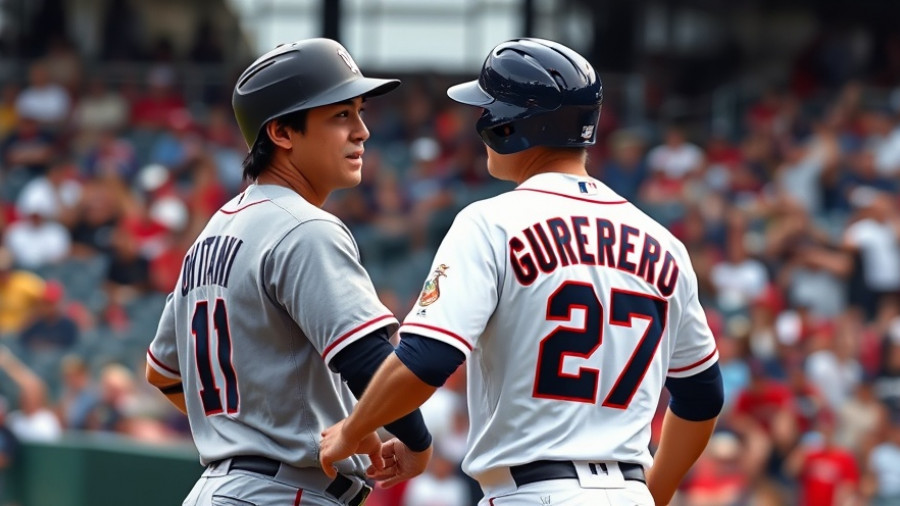 Baseball players Ohtani and Guerrero interacting on field.