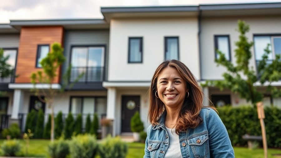 Woman smiling in front of a modern townhouse, new house tour