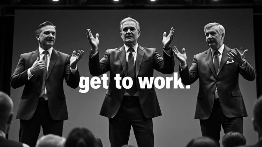 Motivational scene with three men in suits on stage, investment focus.