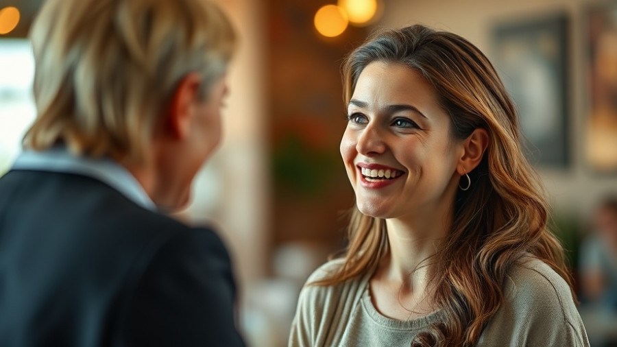 Smiling woman in conversation embodying freedom in daily life.