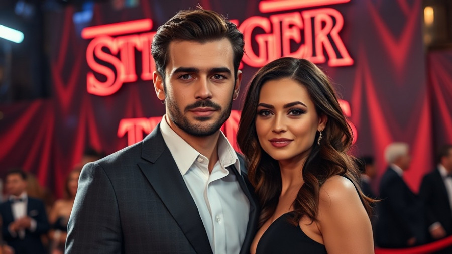 Stylish couple at Stranger Things event, red carpet.