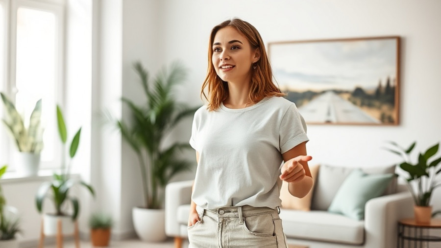 Young woman in a modern living room discussing Facebook Marketplace and Warehouse Deals.