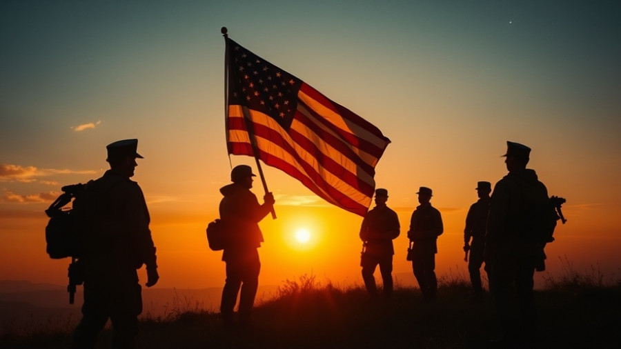 Silhouetted soldiers with American flag at sunset, Second Amendment Crisis Military Regulations.