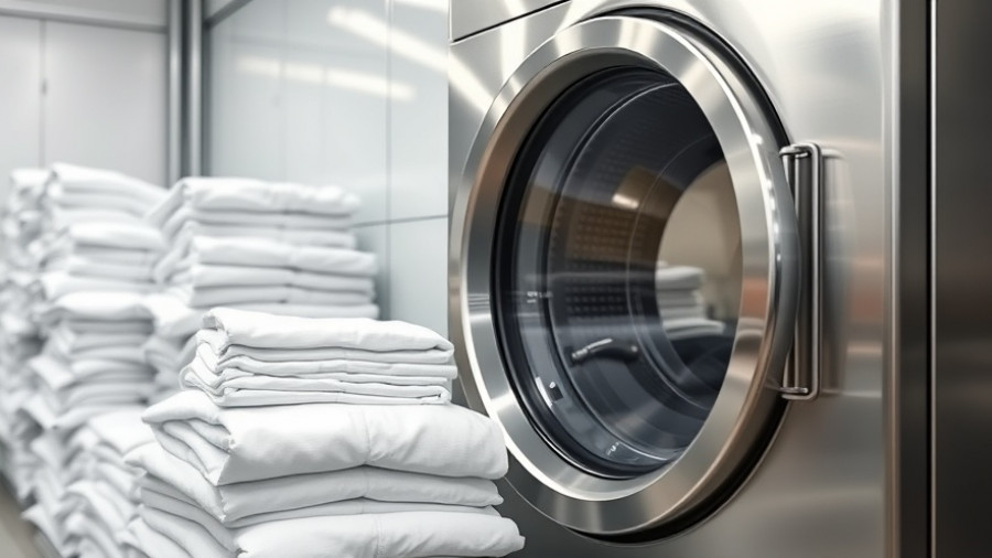 Industrial laundry machine with folded linens in modern laundry.