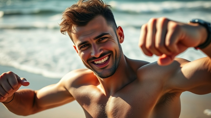 Smiling man shadowboxing at the beach, Use Your Muscles Before You Lose Them, sunny day with ocean waves.