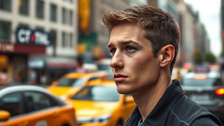 Contemplative young man in busy street, affordable living in Thailand.
