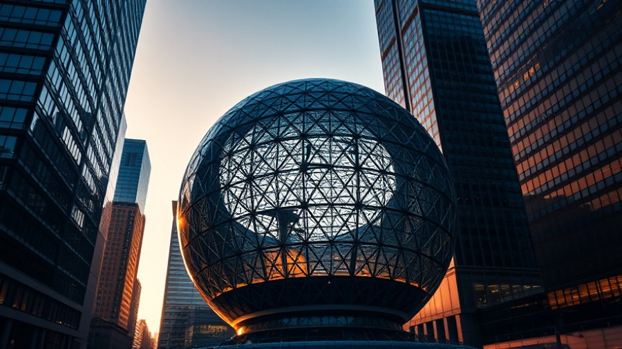 Glass dome among skyscrapers symbolizing Amazon headquarters, evening.