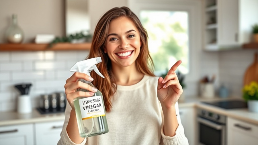Cheerful woman demonstrating how to clean with vinegar in modern kitchen.