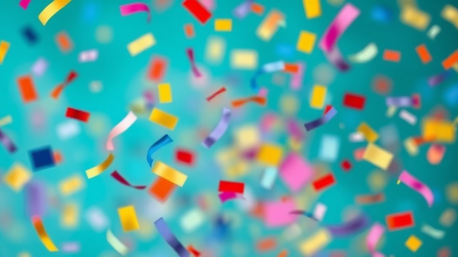 Colorful confetti on teal background symbolizing brand generosity.