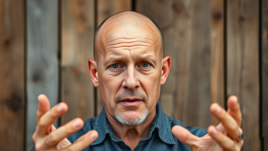 Focused bald man gesturing while discussing strength training, build strength that lasts.